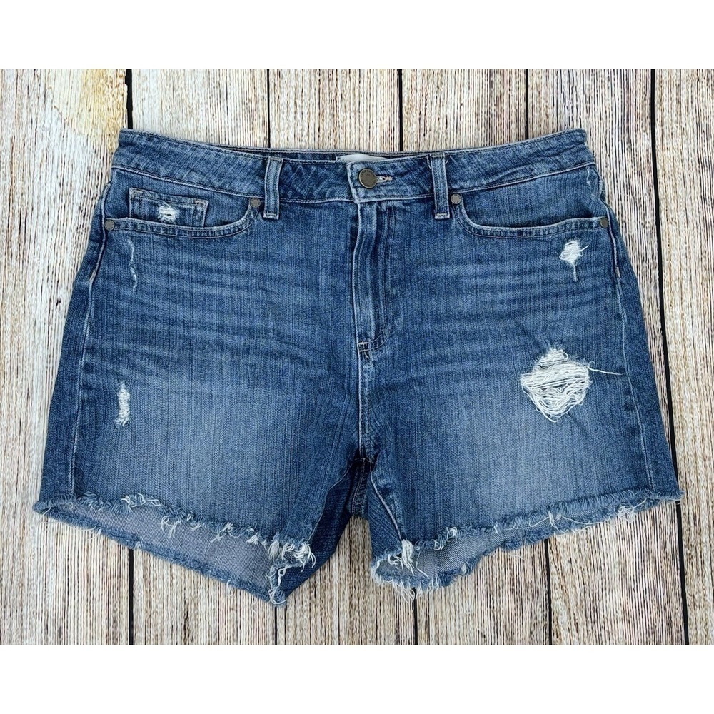 PAIGE Emilia Cut Off Denim Shorts Size 31 Distressed Raw Hem 4" Inseam Stretch‎